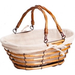 Panier ovale osier marron ajoure + metal + double tissu ecru