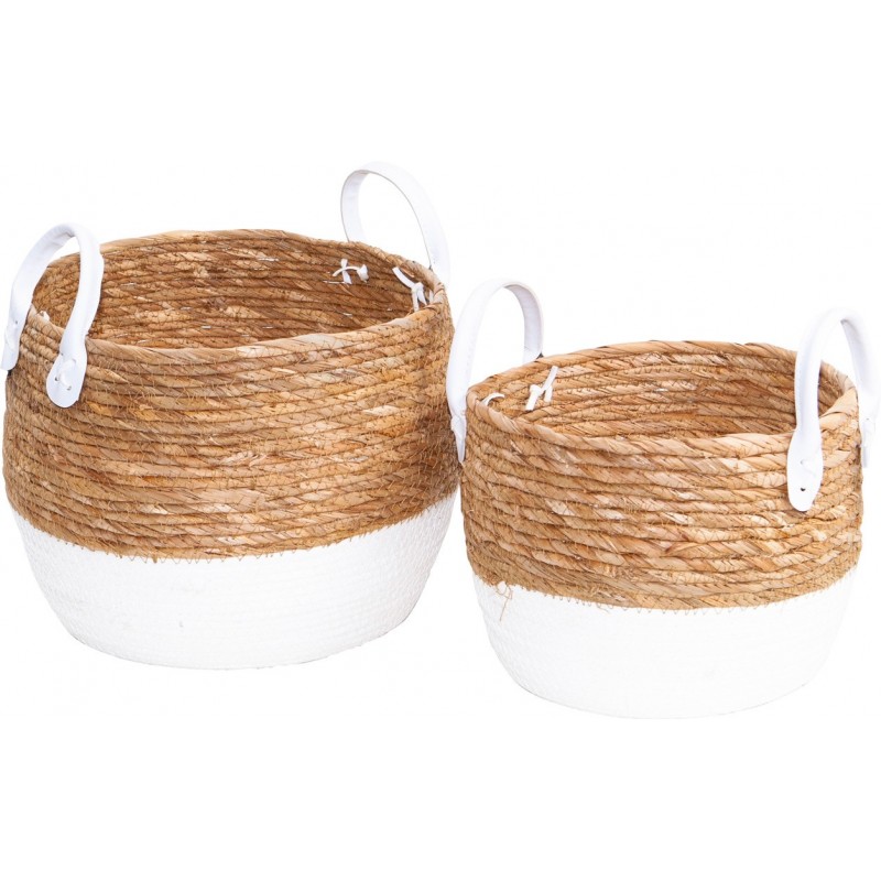 379G.379P.jpg Panier en jacinthe naturel/papier blanc +2 poignees blanches
