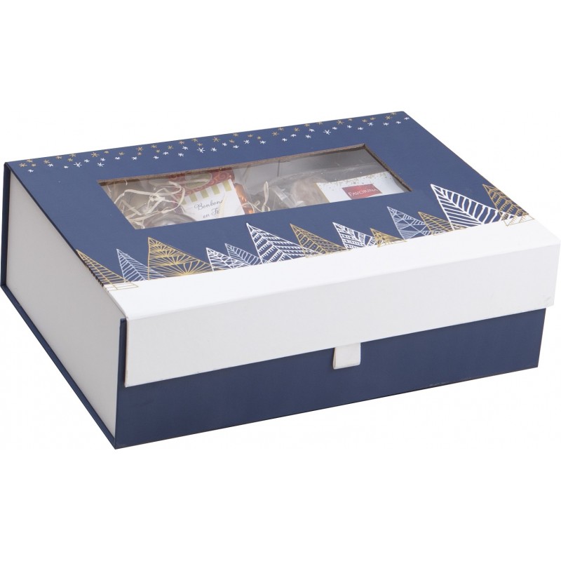 Coffret carton bleu deco sapins+dorure, fenetre PVC 25x10cm