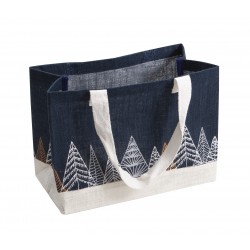 Sac jute bleu deco sapins anses blanches