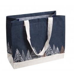 Sac jute bleu deco sapins anses blanches