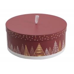 Boite ronde en carton rouge deco sapins avec dorure