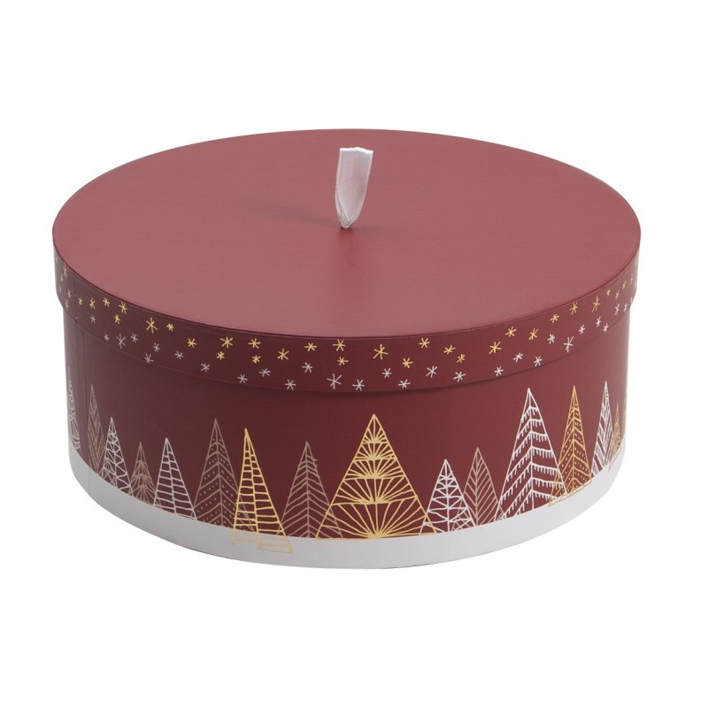 757X.758X.759X.jpg Boite ronde en carton rouge deco sapins avec dorure