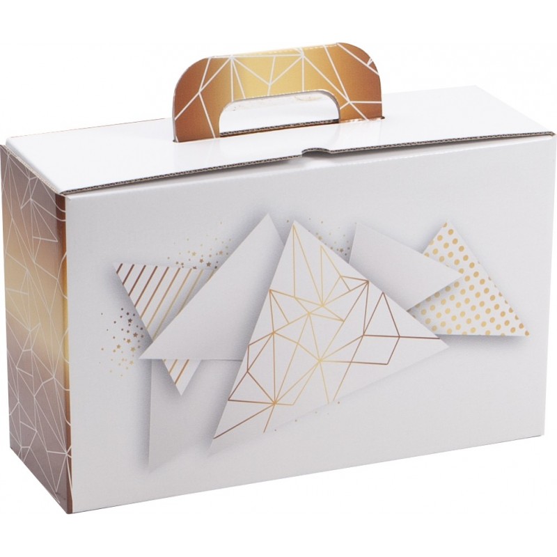 Valisette carton FSC blanc motif geometrique