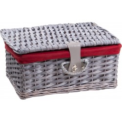 Valise en osier et bois gris double tissu bordeaux