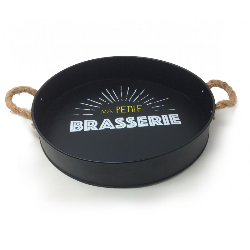 Palteau rond metal noir logo "BRASSERIE" + poignee en corde