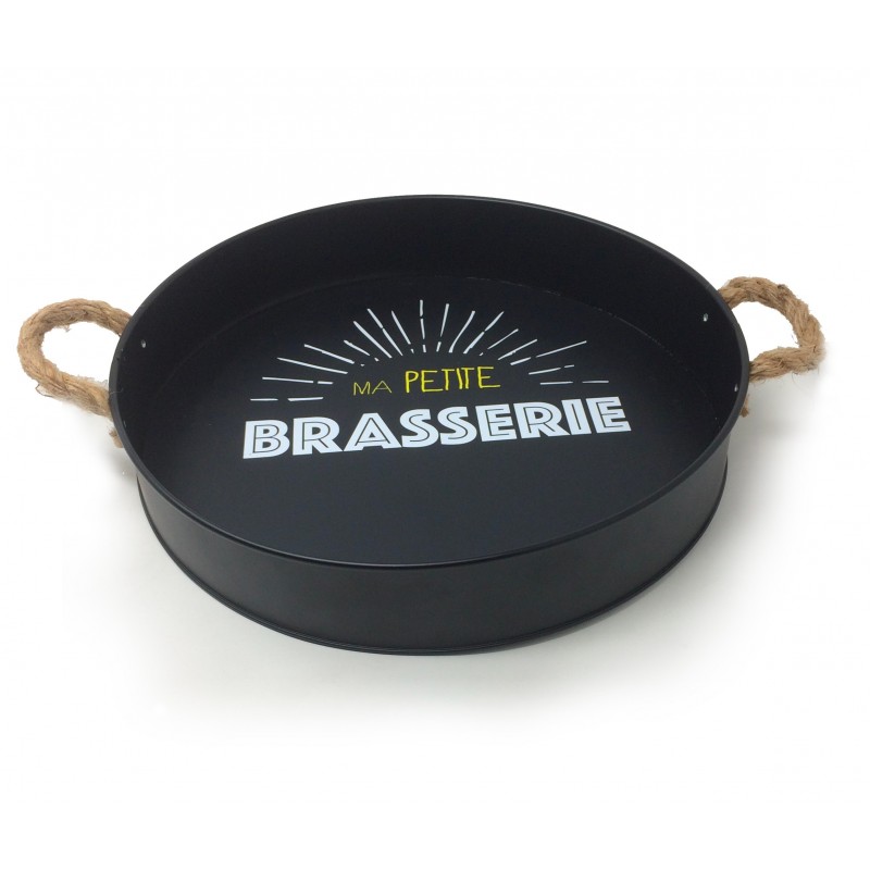 C185.jpg Palteau rond metal noir logo "BRASSERIE" + poignee en corde