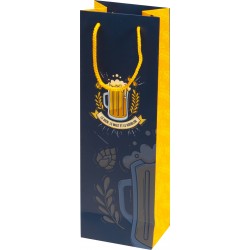 Sac carton FSC bleu/jaune 'biere' pour 1 bouteille + fenetre