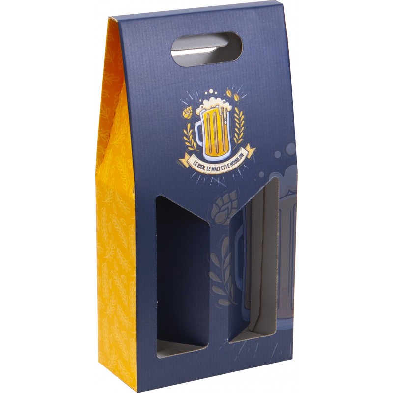 Etui en carton FSC pour 2 bouteilles biere bleu et jaune