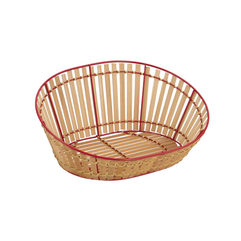 Corbeille ovale asymetrique en metal rouge et bambou naturel