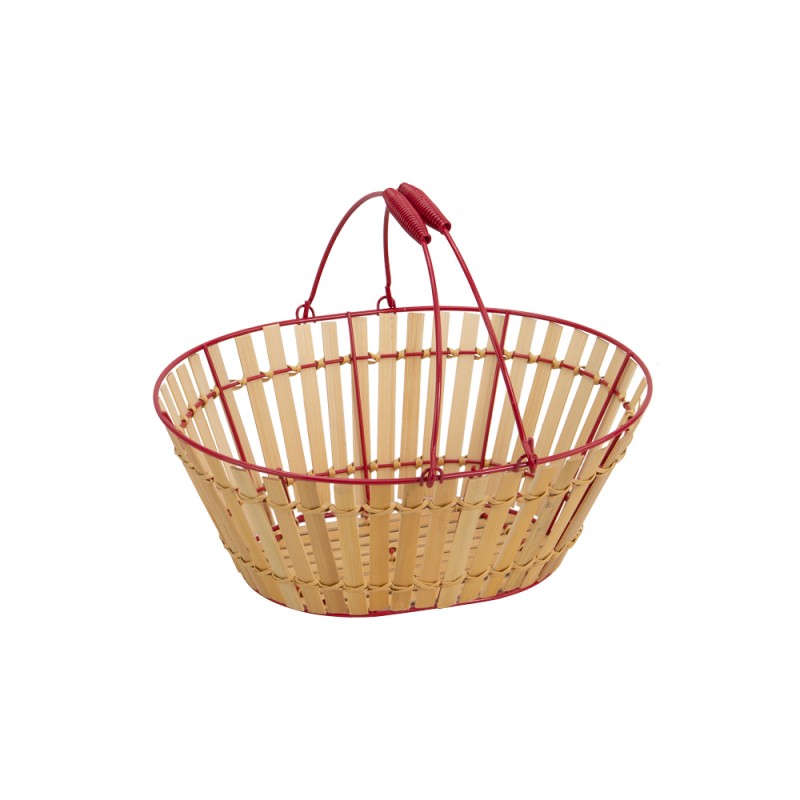 Panier ovale en metal rouge et bambou naturel avec 2 anses