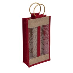 Sac en jute naturel et rouge pour 2 bouteilles