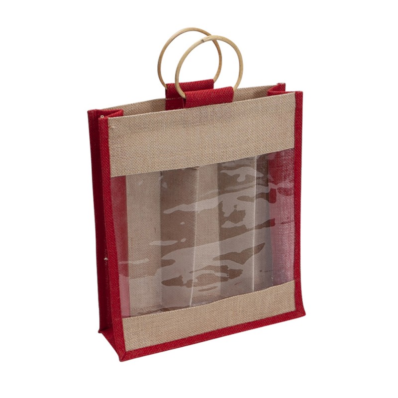 Sac en jute naturel et rouge pour 3 bouteilles