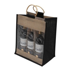 Sac en jute naturel et noir pour 6 bouteilles 30x20x36