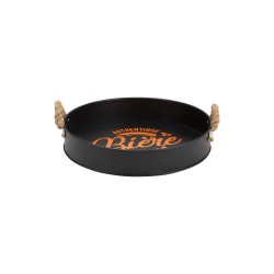 Plateau rond metal noir + poignees corde deco biere orange