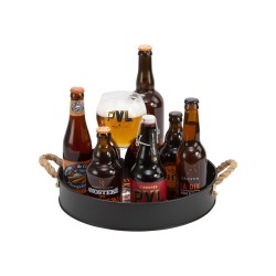 Plateau rond metal noir + poignees corde deco biere orange