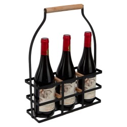 Porte bouteille en metal noir poignee bois pour 3 bouteilles