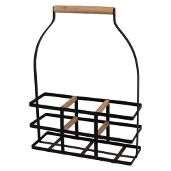 Porte bouteille en metal noir poignee bois pour 3 bouteilles