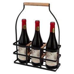 Porte bouteille en metal noir poignee bois pour 3 bouteilles