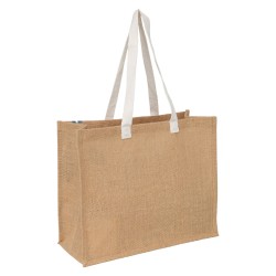 Sac jute "FABRIQUE AVEC AMOUR"+deco feuilles/anses blanches