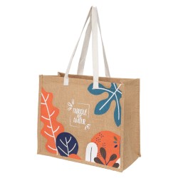 Sac jute "FABRIQUE AVEC AMOUR"+deco feuilles/anses blanches