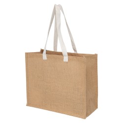 Sac jute "FABRIQUE AVEC AMOUR"+deco feuilles/anses blanches