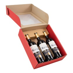 Coffret carton rouge 3 bouteilles avec fenetre