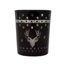 Photophore noir motif cerf deco etoiles + bougie LED