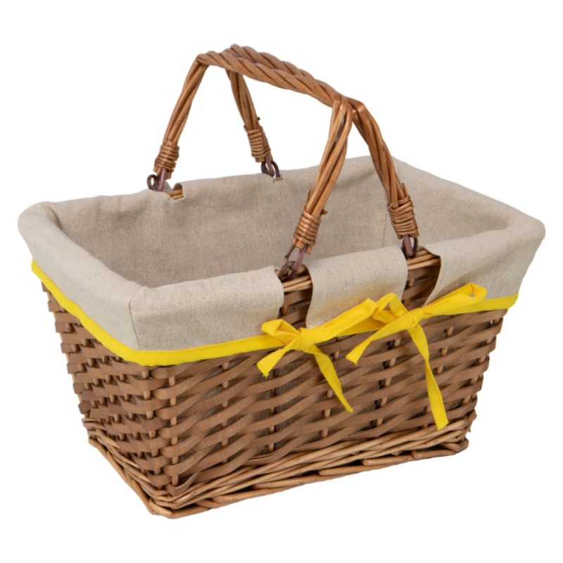 Panier osier bois et tissu ecru bord jaune 2 anses pliables