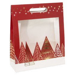 Sac carton rouge avec fenetre deco sapins + dorure