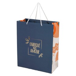 Sac carton FSC bleu avec dorure 'Fabrique avec amour'