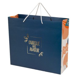 Sac carton FSC bleu avec dorure 'Fabrique avec amour'