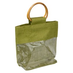 Sac jute vert avec fenetre transparente et poignees en bois