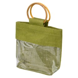 Sac jute et bois vert fenetre transparente 24x7x20cm