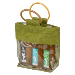 Sac jute et bois vert fenetre transparente 24x7x20cm