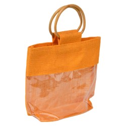 Sac jute abricot avec fenetre transparente, poignees en bois