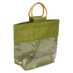 Sac jute vert avec fenetre transparente et poignees en bois