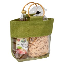 Sac jute et bois vert fenetre transparente 30x10x23cm