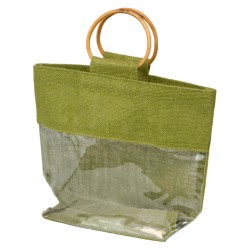 Sac jute et bois vert fenetre transparente 30x10x23cm