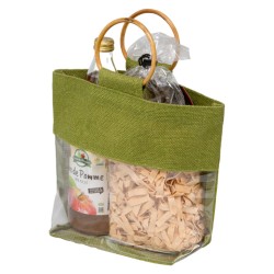 Sac jute et bois vert fenetre transparente 30x10x23cm