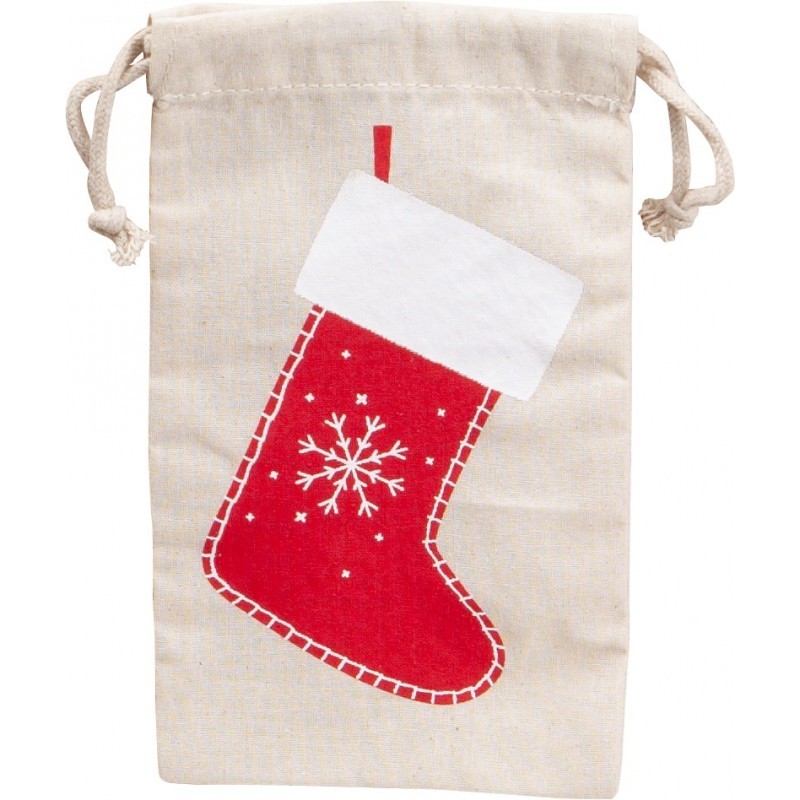 Sac en coton motif botte rouge de Noel avec cordon