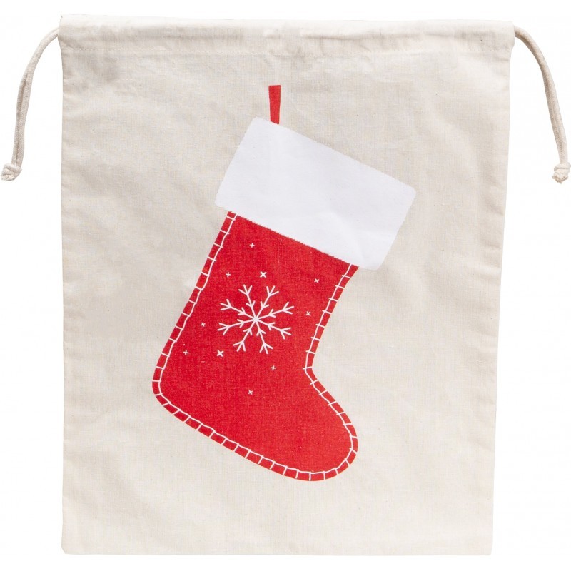 Sac en coton motif botte rouge de Noel avec cordon