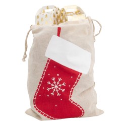 Sac en coton motif botte rouge de Noel avec cordon