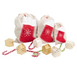 Sac en coton motif botte rouge de Noel avec cordon