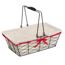 Panier metal noir double tissu ecru et bord rouge