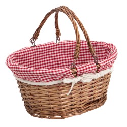 Panier ovale osier miel tissu vichy blanc/rouge anse pliable