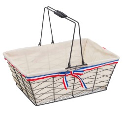 Panier metal gris fonce tissu ecru bord bleu/blanc/rouge