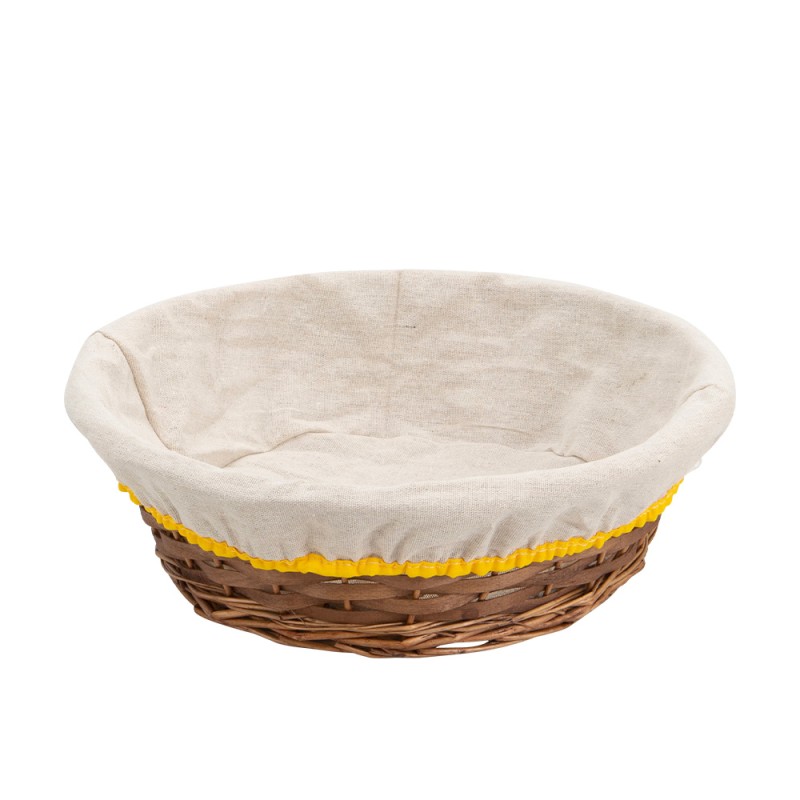 Corbeille ronde osier bois doublee tissu ecru bord jaune