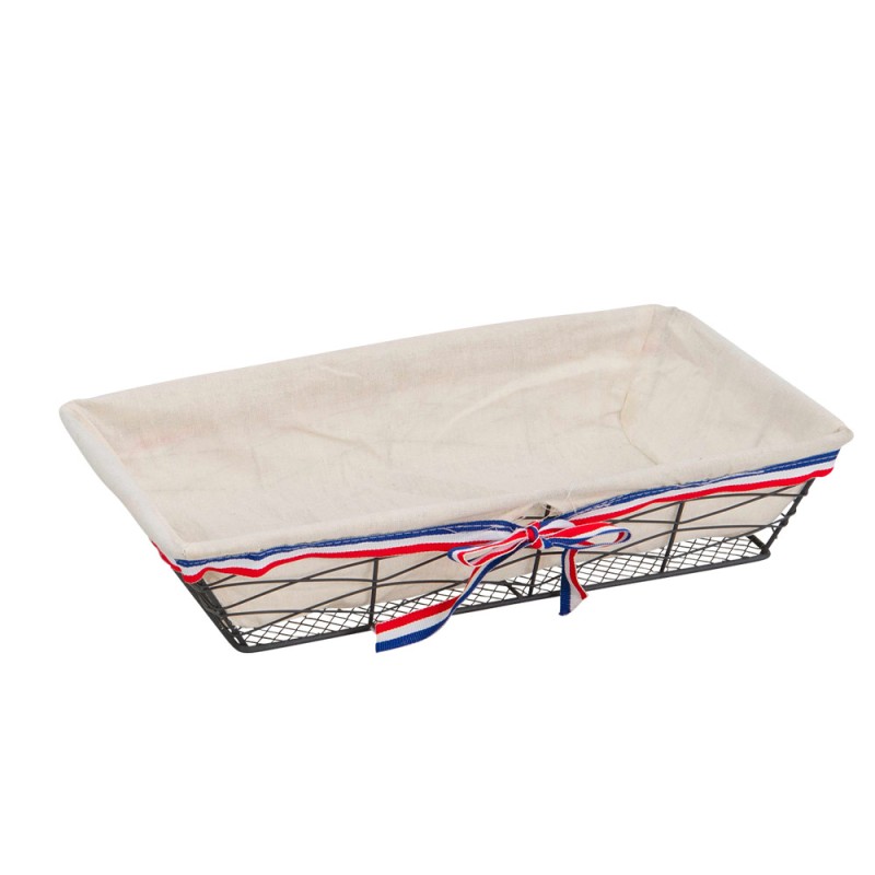 Corbeille metal gris fonce tissu ecru bord bleu/blanc/rouge