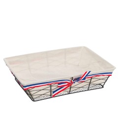 Corbeille metal gris fonce tissu ecru bord bleu/blanc/rouge